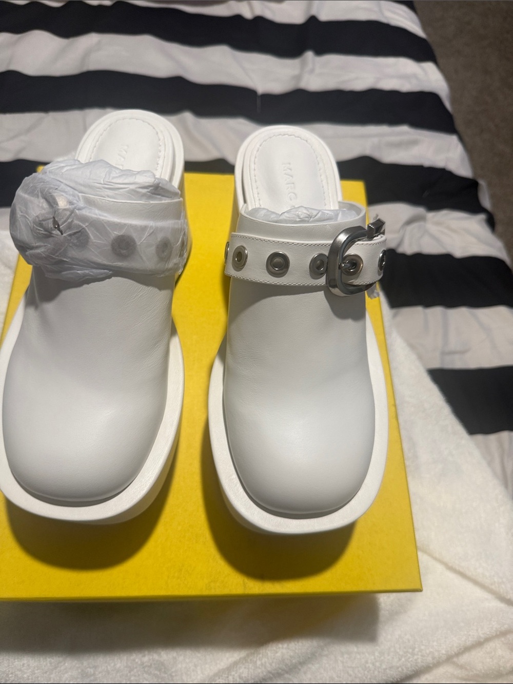 Marc Jacobs White Leather Buckle Clogs with Grommet Strap
